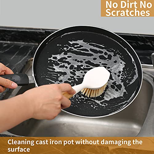 2 Pack Kitchen Dish Brush Bamboo Handle Dish Scrubber Built-in Scraper, Scrub Brush for Pans, Pots, Kitchen Sink Cleaning, Dishwashing and Cleaning Brushes are Perfect Cleaning Tools, White - style: White