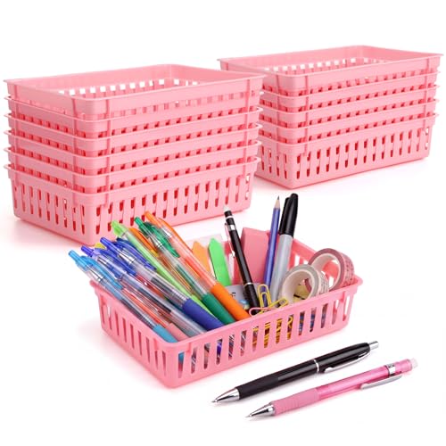 Wenqik Set of 12 Small Plastic Baskets for Organizing 10.24 x 6.5 x 2.36 Inch Pharmacy Baskets Rectangular Trays Plastic Organizer for Office Pharmacy Dorm Kitchens, Closets Shelves (Pink) - color: Pink