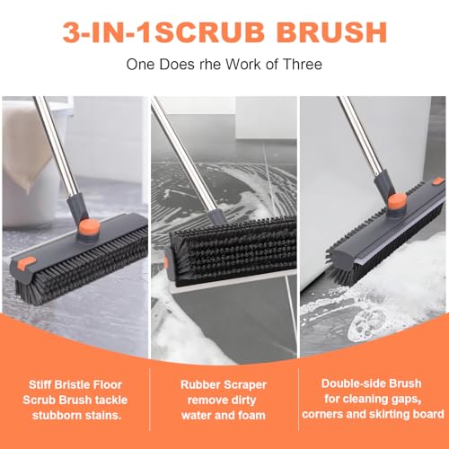 Floor Scrub Brush with 64" Long Handle - 360° Swivel Heads Household Push Brush with Squeegee and Right Angled Bristle for Cleaning Concrete Floors Grout Gardens Patio Deck Concrete Garage Heavy Duty