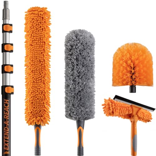 24 Foot High Reach Duster Kit with 5-18 ft Extension Pole // High Ceiling Dusting and Window Cleaning Kit with Telescopic Pole // Window Washer & Squeegee, Cobweb Duster, Fan Blade and Feather Dusters - size: 18 feet