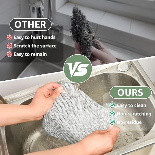 12Pcs Non Scratch Wire Dish Cloth, Multipurpose Wire Dishwashing Rags: Double Layer Mesh Cleaning Cloths, Steel Mesh Dishcloths, Scrub Cloths for Kitchen/Bath