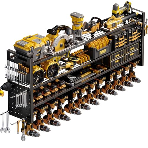 Large 49''W Power Tool Organizer Wall Mount | 620lbs Garage Storage Rack with 12 Cordless Drill Holder | 4-Tier Heavy Duty Utility Shelf for Battery Workshop Organization - size: 49''Width (LARGE)