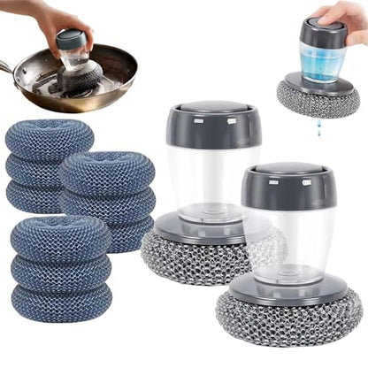 Soap Dispensing Dish Brush, Comfort Grip Kitchen Scrub Brush with Built-in Liquid Dispenser, Includes Replacement Heads, Non-Scratch Nylon/Wire Bristle, Non-Slip Handle (2 Handle, 9 Brush Heads) - color: 2 Handle, 9 Brush Heads