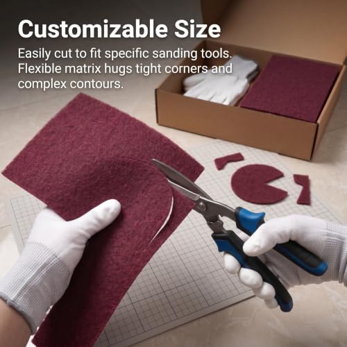 6"x9" Maroon Scuff Pads, 320-400 Grit Very Fine, 20 Pack | Aluminum oxide pads for auto paint prep & wood sanding. Set includes exactly 20 scuff pads, work gloves & Kraft storage box.
