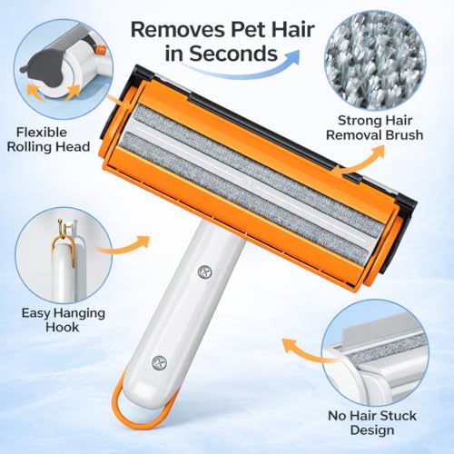 Pet Hair Remover for Furniture, Reusable Pet Hair Removal Tool, Self Cleaning Fur Remover for Couch, Carpet, Rugs, Bedding & Car Seats, Dog & Cat Hair Remover, Reusable lint Roller