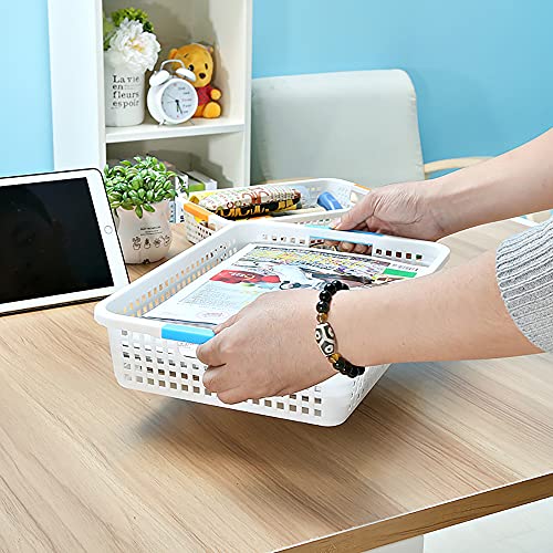 Lawei 8 Pack Large Plastic Storage Basket with Handle - 15 x 10 x 3 Inch Pantry Organizer Basket Bins Desktop Paper Storage Basket for Organization, Countertops, Cabinets, Bedrooms, Bathrooms