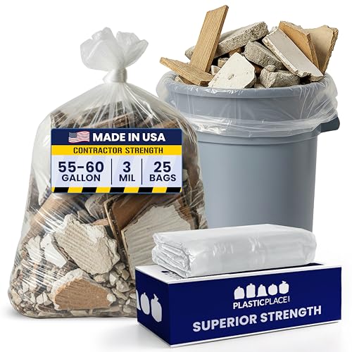 Plasticplace Contractor Trash Bags 55-60 Gallon - 3.0 Mil, Clear Heavy Duty Garbage Bag 38" x 58" (25 Count) - color: Clear, size: 25 Count (Pack of 1)
