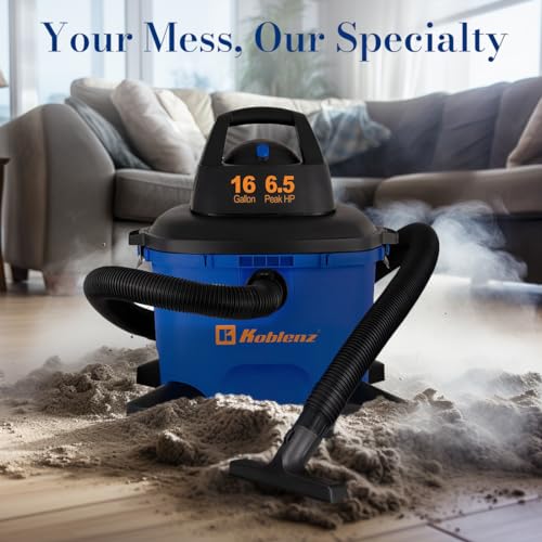 Koblenz WD-16 L4 Wet Dry Vacuum Cleaner, 16 Gallon Wet Dry Vac, 6.5 PHP, 3-in-1 Suction & Blower, Click-N-Lock Hose, Drain Plug, Big Vacuum Cleaner for Carpet & Floors, Swivel Casters, Black/Blue - size: 16 Gallon 6.5 HP