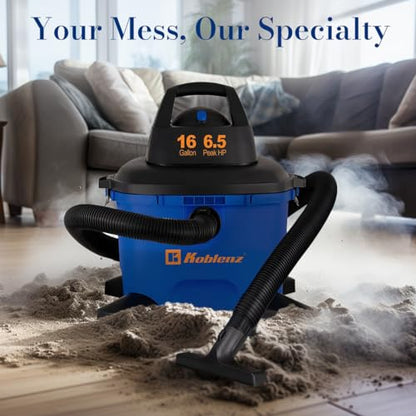 Koblenz WD-16 L4 Wet Dry Vacuum Cleaner, 16 Gallon Wet Dry Vac, 6.5 PHP, 3-in-1 Suction & Blower, Click-N-Lock Hose, Drain Plug, Big Vacuum Cleaner for Carpet & Floors, Swivel Casters, Black/Blue - size: 16 Gallon 6.5 HP