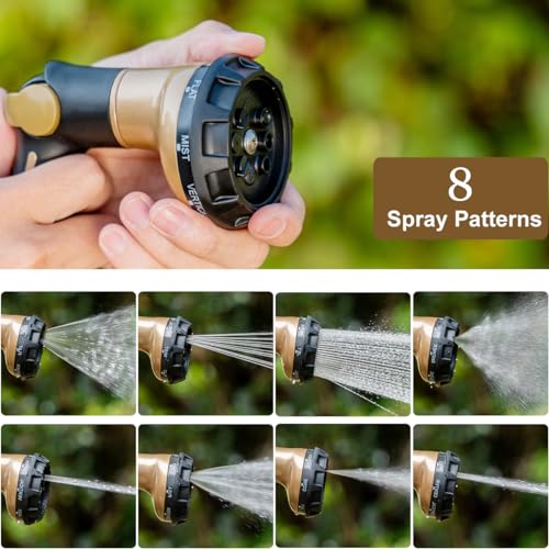 FANHAO Garden Hose Nozzle Heavy Duty, 100% Metal Water Hose Sprayer with 8 Spray Patterns, High Pressure Spray Nozzle Thumb Control On Off Valve for Lawn & Plant Watering, Car & Pet Washing - Khaki - color: Khaki