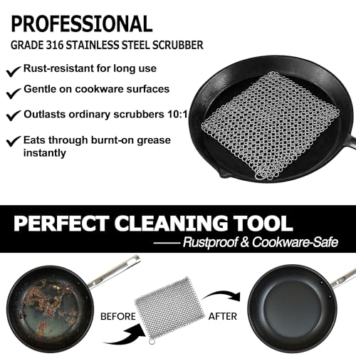 TOPULORS Cast Iron Scrubber 316 Stainless Steel Skillet Cleaner 8"x6" Chainmail Scrubber Scraper Chain Mail Link Scrub for Cast Iron Pre-Seasoned Pans, Griddles, BBQ Grills, and Pot Cookware Cleaning - size: Rectangle - 8× 6 inches