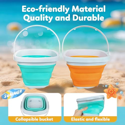 GKDOMS Kids Beach Toys Set with Collapsible Bucket, Sand Rake and Shovel, Turquoise and Orange, Ages 2-6, 2pack Travel Toys (Two Mix) - color: Two Mix