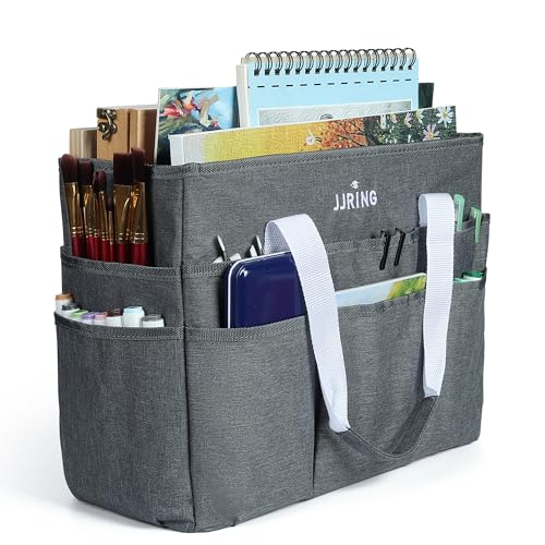 JJRING Craft Organizer Tote Bag, Large Art Storage Caddy with Multiple Pockets, Gray Sewing Bag for Art, Craft, Scrapbooking, School, Medical, and Office Supplies Storage - color: Grey, size: Large