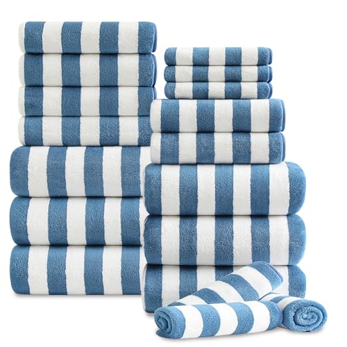 18 Pcs Navy Stripe Bath Towel Set with Hanging Loop-6 Bath Towels,6 Hand Towels,6 Washcloths Soft Family Towels Set Bathroom Towel Highly Absorbent Quick Dry Shower Towel for Beach Spa Gym Hotel - color: Navy White, size: 18 Pcs Towel Set