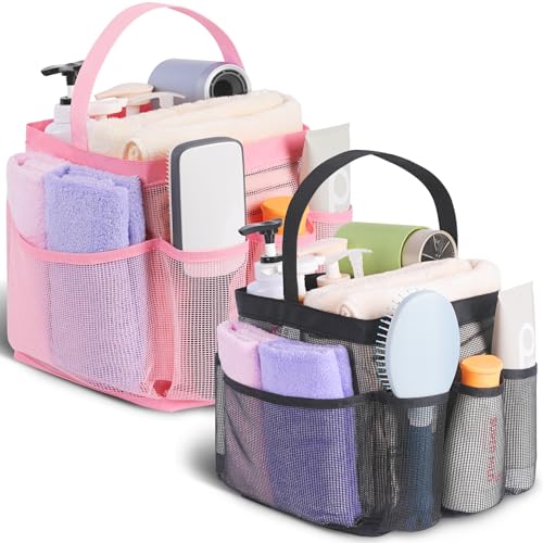 EUDELE 2 Pack Mesh Shower Caddy Portable for College Dorm Room Essentials, Shower Caddy Dorm with 8-Pocket Large Capacity,Shower Bag for Beach,Swimming,Gym All Black+All Purple - color: All Black+All Pink