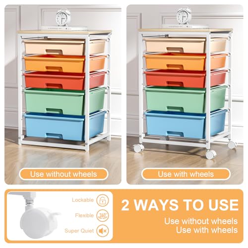 SYKIARIOL Utility Cart with 5 Drawers,Storage Cart with Wooden Tabletop and Lockable Wheels,Craft Storage Trolley Organizer,5-Tier Rolling Utility on Wheels,Macaron - color: Macaron