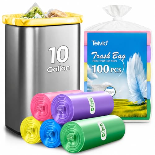 10 Gallon 100 Counts Clear Colorful Medium Trash Bags Kitchen Garbage Bags by Teivio, Bathroom Trash Can Bin Liners, Plastic Bags for home office kitchen,Multicolor - size: 1 Count (Pack of 100), style: 100pcs-10 Gallon-Multicolor