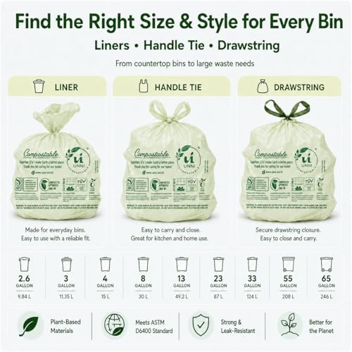 UNNI 1.6 Gallon Compostable Trash Bags with Tie Handles, 100 Count Small Food Scrap Kitchen Compost Bags for Countertop Bin, Certified by BPI, CMA & OK compost HOME, Meets ASTM D6400 - size: 100 Count (Pack of 1), style: 1.6 Gallon