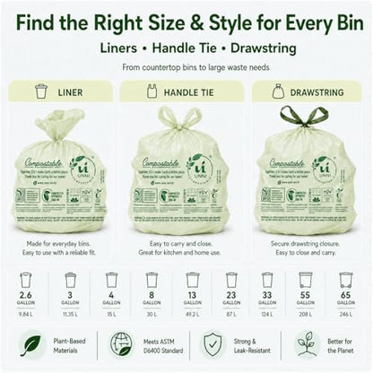 UNNI 1.6 Gallon Compostable Trash Bags with Tie Handles, 100 Count Small Food Scrap Kitchen Compost Bags for Countertop Bin, Certified by BPI, CMA & OK compost HOME, Meets ASTM D6400 - size: 100 Count (Pack of 1), style: 1.6 Gallon
