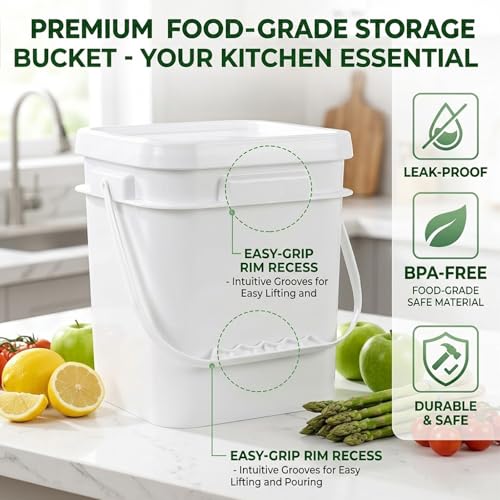 DEMORA 1Gallon Food Grade Square Plastic Bucket with Lid, Airtight Storage Container, Reusable Pail for Kitchen Food Water Ice Cream Household Use (White, 4Pcs) - color: White