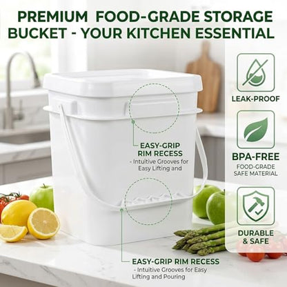 DEMORA 1Gallon Food Grade Square Plastic Bucket with Lid, Airtight Storage Container, Reusable Pail for Kitchen Food Water Ice Cream Household Use (White, 4Pcs) - color: White