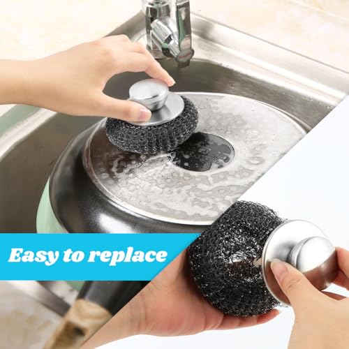 5Pcs Stainless Steel Wool Scrubber Sets, with Long & Short Handle & 3Pcs Detachable Pads, Metal Pot Scrubbers for Cleaning Dishes Iron Pots Stoves
