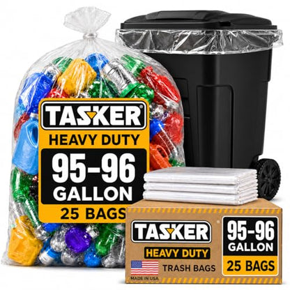 Tasker 95-100 Gallon Clear Trash Bags Heavy Duty | 25 Bags | Extra Large 96 Gallon Trash Bags Large Clear Can Liners, Large 90 Gal, 95 Gal, 96 Gal,100 Gallon Heavy Duty Trash Can Liners - size: 25 Count (Pack of 1)