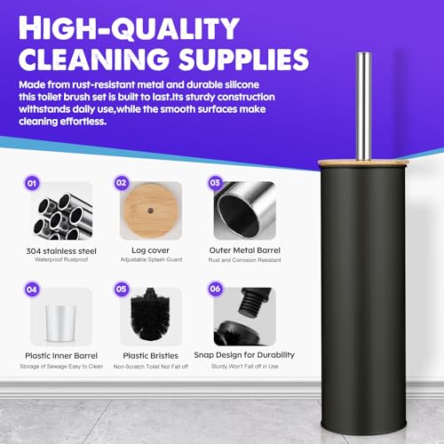 Compact Toilet Brush and Holder 2 Pack,SetStainless Steel Handle Toilet Brush,Deep Cleaning,Durable Nylon bristles,Splash-Proof Design(White&Black)