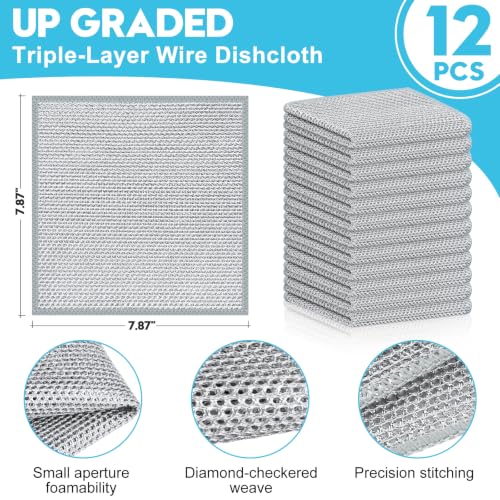 12 Pcs New Upgraded 3 Layers Non Scratch Wire Dishcloth, Multipurpose Wire Dishwashing Rags, Wet & Dry for Cookware, Sinks, Dishes, Stoves & Fireplaces (7.87 x 7.87-12pcs) - size: 7.87x7.87-12pcs
