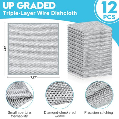 12 Pcs New Upgraded 3 Layers Non Scratch Wire Dishcloth, Multipurpose Wire Dishwashing Rags, Wet & Dry for Cookware, Sinks, Dishes, Stoves & Fireplaces (7.87 x 7.87-12pcs) - size: 7.87x7.87-12pcs
