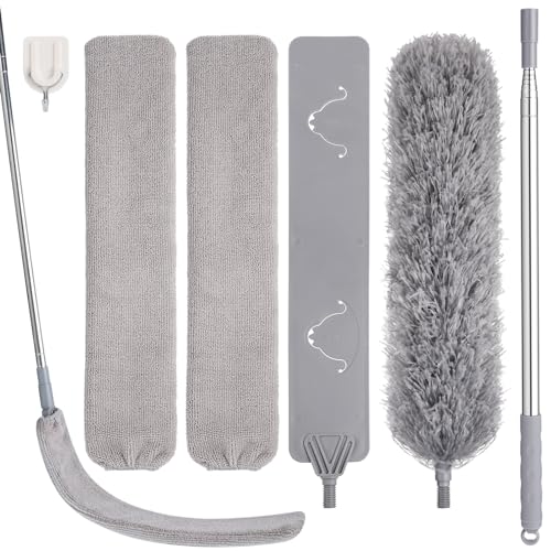 Feather Duster Set (4 Pieces), 30-100 inch Microfiber Retractable Gap Duster for Cleaning Ceilings, Furniture Refrigerators and Under Sofas | Bendable Head for Corner Cleaning, Washable Reusable Duster, Household Tool for Ceiling Furniture Under Sofa - co
