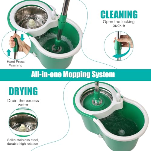 Spin Mop and Bucket with Wringer Set, 360° Spinning Mop Bucket System with 3 Microfiber Mop Replacement Heads and 61" Stainless Steel Adjustable Handle for Floor Cleaning (20QT) - color: Green