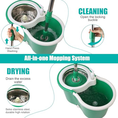Spin Mop and Bucket with Wringer Set, 360° Spinning Mop Bucket System with 3 Microfiber Mop Replacement Heads and 61" Stainless Steel Adjustable Handle for Floor Cleaning (20QT) - color: Green