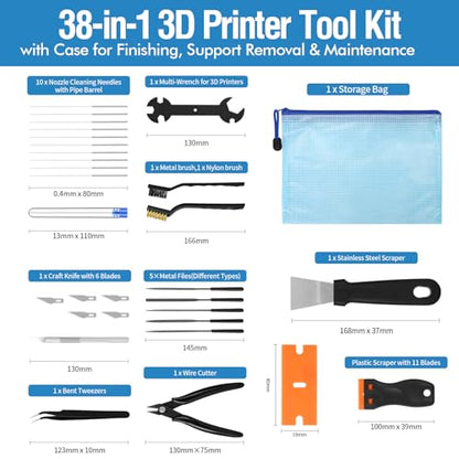 38PCS 3D Printer Tools, 3D Printer Tool Kit with Nozzle Cleaner, Scraper, Files, Wire Cutter, Craft Knife, Wrench & Tweezers for 3D Printing Cleaning, Finishing and Removing - style: 38-Piece Kit