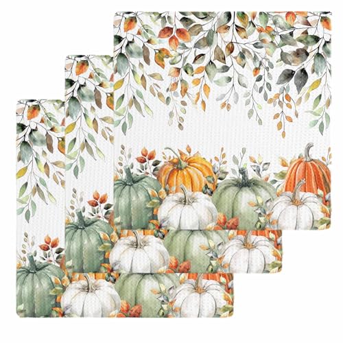 Fall Thanksgiving Pumpkin Eucalyptus Dish Towels Set,Waffle Weave Kitchen Towels 3 Pieces,Sage Green Orange White Microfiber Hair Bath Tea Towel Absorbent Quick Drying Cleaning Dish Cloths,12"x12" - color: Sage Green Pumpkin Orange White, size: 3PCS,12"x1