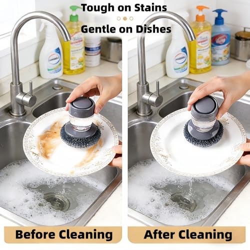 2-in-1 Soap Dispensing Dish Brush Set, with 6 Heads & Tray | PET soft for non-stick; steel wool for cast iron. Upgraded seal reduces leaks. 6 heads + drip tray