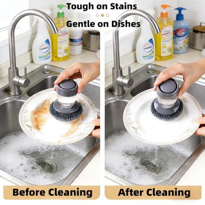 2-in-1 Soap Dispensing Dish Brush Set, with 6 Heads & Tray | PET soft for non-stick; steel wool for cast iron. Upgraded seal reduces leaks. 6 heads + drip tray