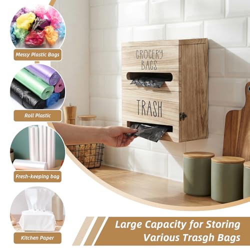 2 in 1 Trash Bag Dispenser, Double Wall Mounted,Wood Trash Bag Holder, used in kitchen, garage, laundry room, can store Environmentally friendly food bags (White/Brown(10inch*5.5inch*12.2inch）) - color: White/Brown(10inch*5.5inch*12.2inch）