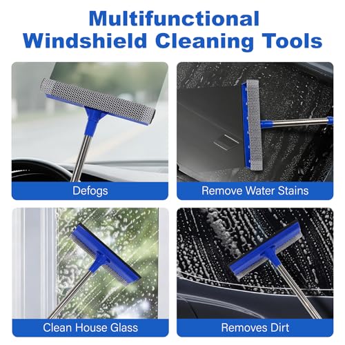 2-in-1 Car Windshield Squeegee and Sponge Scrubber for Cleaning and Washing, Rubber Blade Cleaner with Handle, Retractable car Wipers Suitable for All Vehicles, Blue
