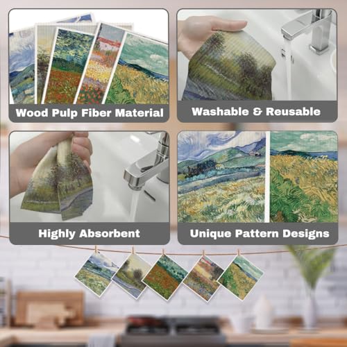 5 Pcs Oil Painting Swedish Dishcloths, Tree & Flower Swedish Dishcloth, Classic Art Dish Cloths for Drying Dishes, Reusable Cleaning Cloths, Housewarming Gifts for Women 1 - color: Lm 03422