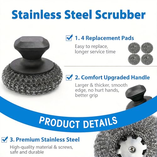5-Pack Steel Wool Scrubber, Stainless Steel Scrubber Wire Sponge Pads with Handle, Pan Cleaning Scrubber for Scouring Stubborn Messes from Cast Iron, Frying Pan, Oven, Grill, Heavy Duty Pot Scrub