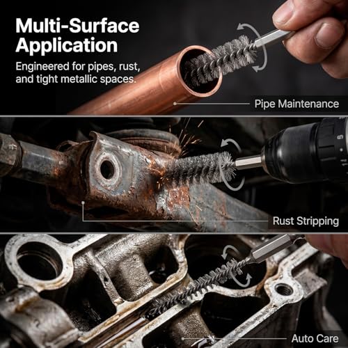 QWORK Bore Brush 24 Pcs Set for Drill, Stainless Steel Wire Cleaning Brushes with 1/4 Inch Hex Shank, Multi-Size Bore Cleaning Tools for Rust Removal, Tube and Pipe Cleaning 8/10/12/15/17/19mm
