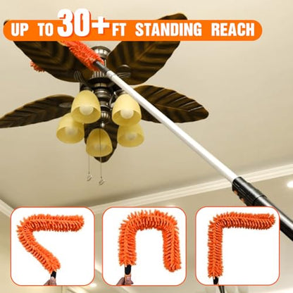 LAANPOLE 36FT High Reach Duster Cleaning Kit with Extension Pole, High Ceiling Fan Cleaner Duster Tool for Fan Blades, Window Washing Kit with Microfiber Feather Duster & Window Squeegee - size: 30FT