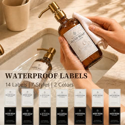 Fachixy Amber Glass Soap Dispenser (2 Pack), 16 Fl Oz Hand & Dish Soap Dispenser Bottles Set with Rust-Resistant Stainless Steel Pump, Non-Slip Pad, 14 Waterproof Labels for Kitchen and Bathroom - color: Amber