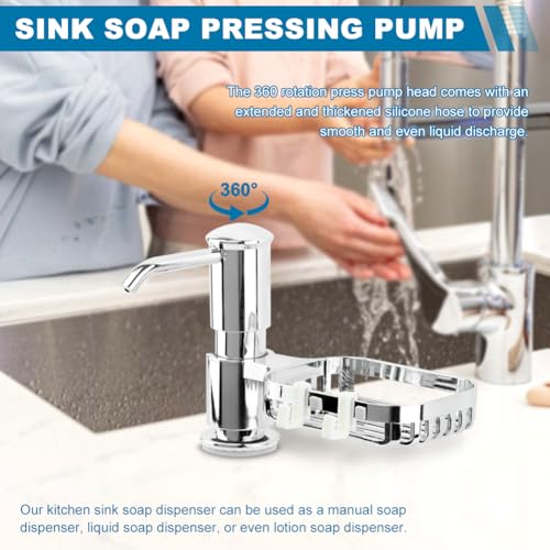 Soap Dispenser for Kitchen Sink, Built in Soap Dispenser Pump with Sponge Holder,Under Counter Brushed Nickel ABS Pump Head with 40" Extension Tube Kit(Silver) - color: Silver
