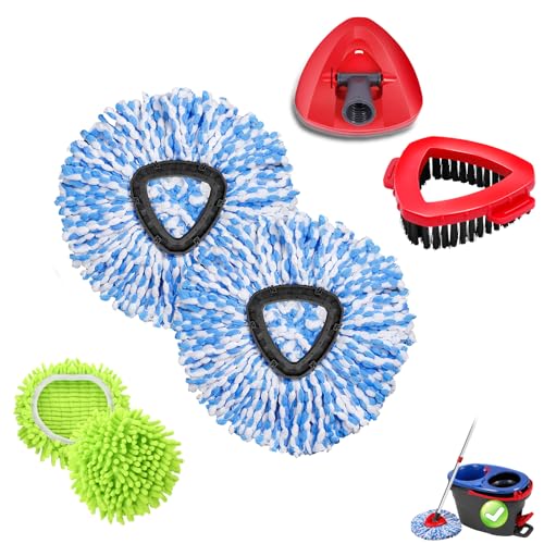 Spin Mop Head Refills Compatible with OCedar RinseClean 2-Tank System - 6-in-1 Kit Includes 4 Microfiber Replacement Heads, 1 Mop Base & 1 Scrub Brush - Machine Washable Floor Cleaning Set - color: 2 Blue Mop Heads+2 Green Mop+1 Brush +1 Base