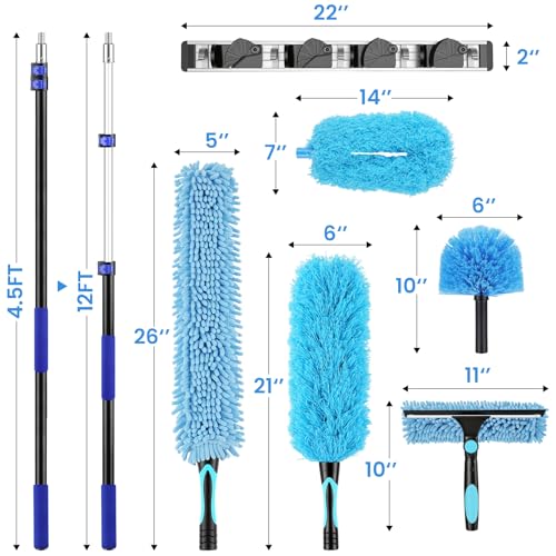 20ft High Reach Extendable Duster Kit with 5-12ft Extension Pole - Ceiling Fan Blade Cleaner, Spider Web Brush Cobweb Remover, Window Squeegee Kit with Telescoping Wand, Extended Extra Long Handle - size: 12FT POLE (Reach 20FT High)