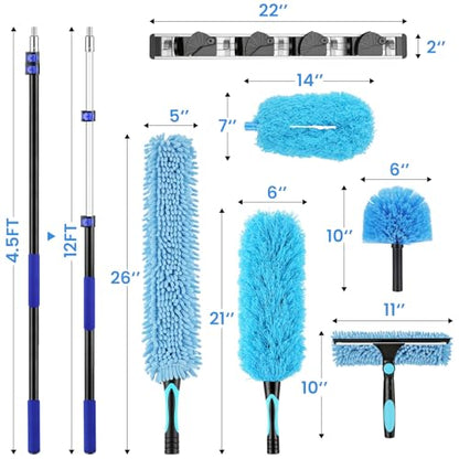 20ft High Reach Extendable Duster Kit with 5-12ft Extension Pole - Ceiling Fan Blade Cleaner, Spider Web Brush Cobweb Remover, Window Squeegee Kit with Telescoping Wand, Extended Extra Long Handle - size: 12FT POLE (Reach 20FT High)