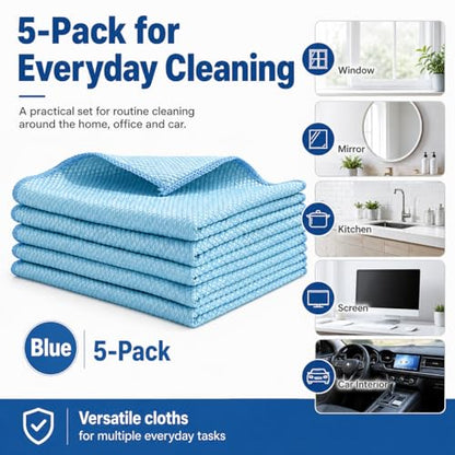 Microfiber Cleaning Cloths for Glass, Ultra-Fine, Highly Absorbent, Streak-Free, Fish-Scale Pattern, Extra-Thick, Blue, 5-Pack
