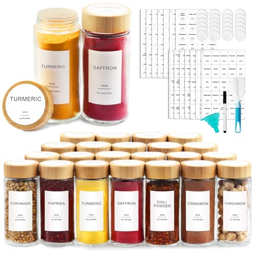 AISIPRIN Glass Spice Jars with 398 Labels-4oz 24 Pcs,Round Seasoning Jars with Bamboo Airtight Lids,Spice Container Set -Shaker Lids, Funnel,Brush and Marker Included